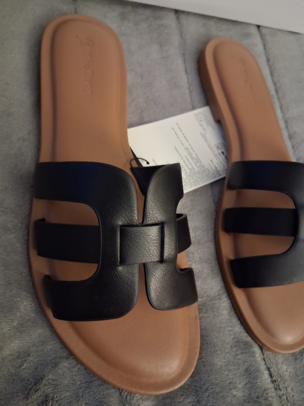 Women's Black Slide Sandals with Tan Footbed